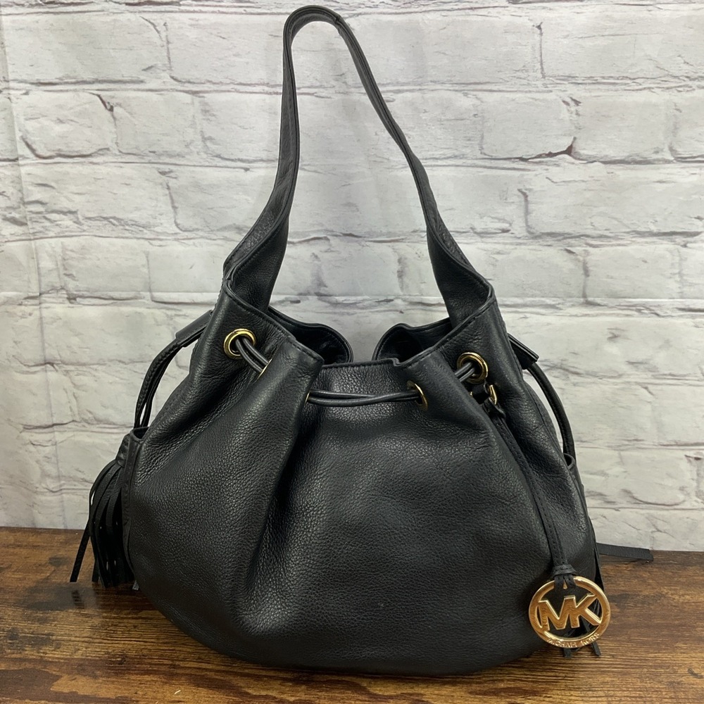 Michael Kors Black Large Leather Tassel Bucket Shoulder Bag Y2K